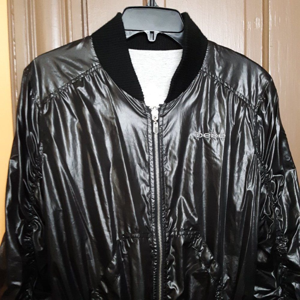 Bebe Women's Black Grey Reversable Zip Bomber Gothic Jacket Size S/M